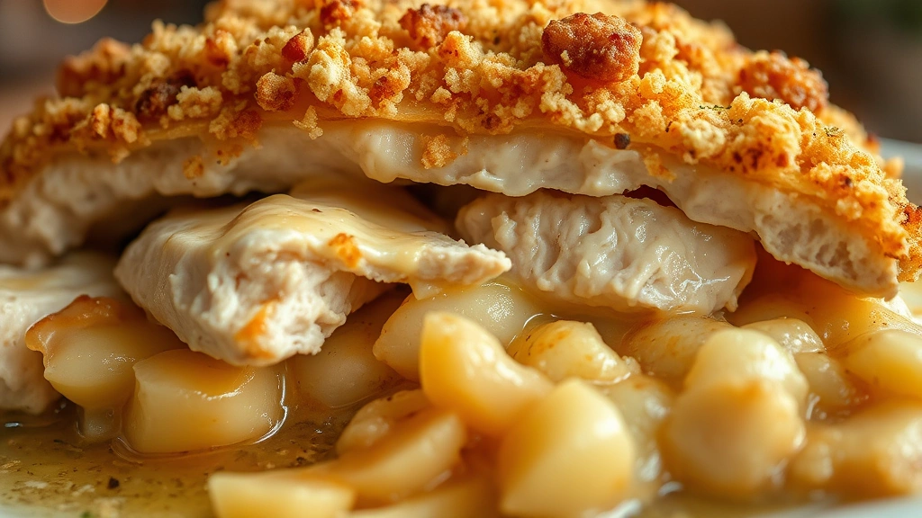 detail: close-up cross-section showing creamy layers of potatoes and sauce with tender chicken, steam rising, golden breadcrumb topping, shallow depth of field, warm indoor lighting, no text
