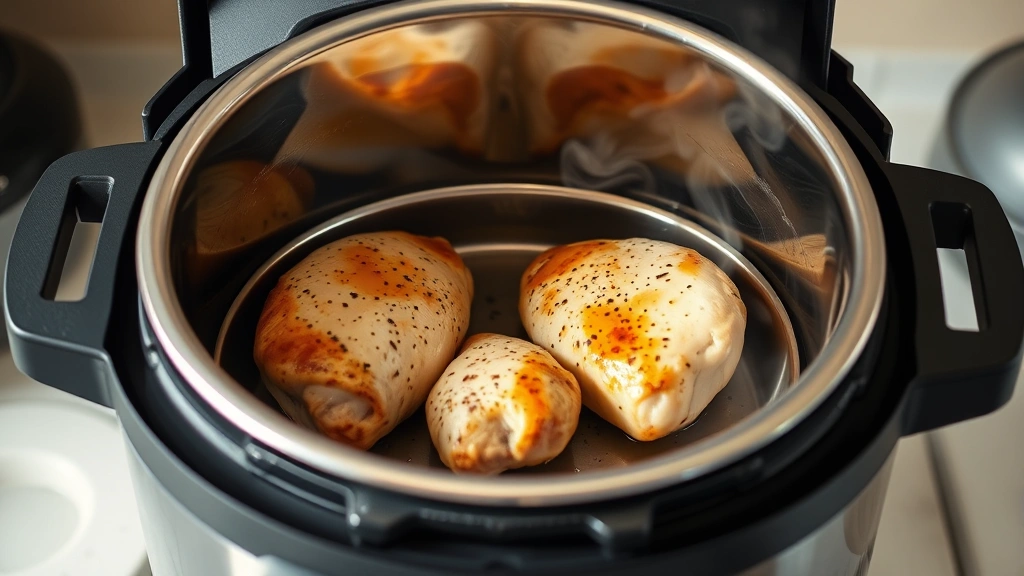 process: Instant Pot open showing cooked chicken breasts on trivet with steam rising, photorealistic, natural kitchen light, no text