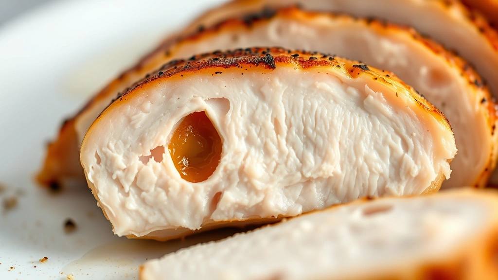 detail: close-up macro shot of sliced chicken breast showing juicy interior, photorealistic, natural light, no text