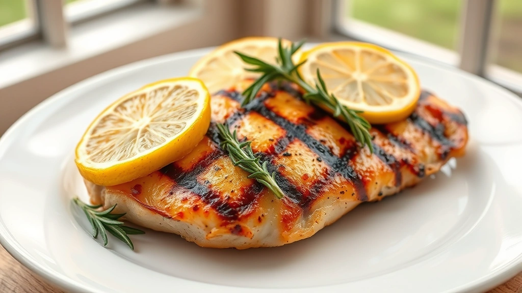 hero: grilled chicken breast with beautiful grill marks, golden brown exterior, garnished with fresh lemon slices and rosemary sprigs, served on a white ceramic plate, soft natural window light, no text, summer garden background