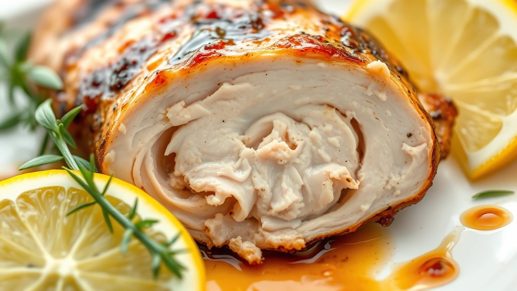 detail: extreme close-up of perfectly cooked chicken breast cross-section showing juicy, tender interior, flavorful glaze glistening on surface, fresh herbs and lemon wedge beside it, shallow depth of field, natural daylight, no text