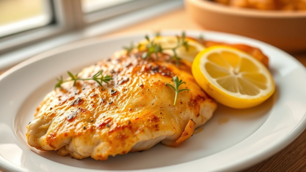 hero: golden-brown chicken breast with lemon slices and fresh thyme garnish on white plate, warm natural window light, shallow depth of field