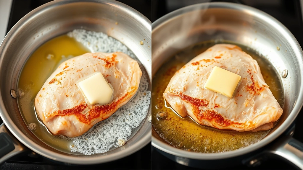 process: chicken breast searing in stainless steel skillet with visible golden crust and butter foam, side angle, steam rising