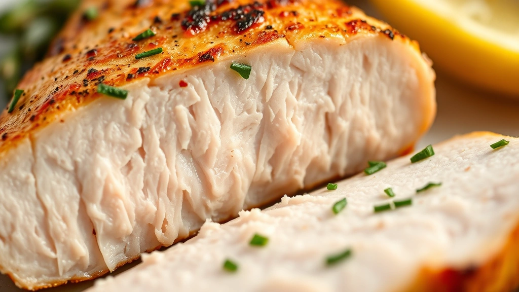 detail: close-up of sliced chicken breast showing tender juicy interior with golden exterior, fresh herbs scattered, macro photography