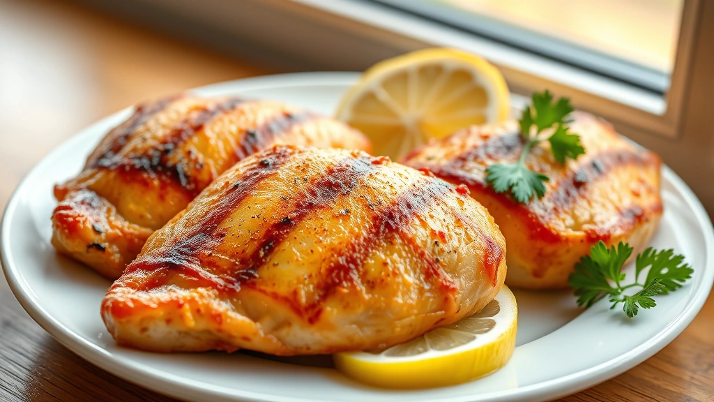 hero: perfectly cooked golden-brown chicken breast tenderloins on white plate with fresh lemon wedges and parsley garnish, warm natural window light, shallow depth of field, no text