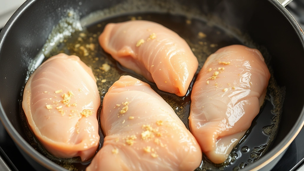process: raw chicken tenderloins sizzling in hot skillet with butter and garlic, steam rising, golden crust forming, natural kitchen lighting, no text