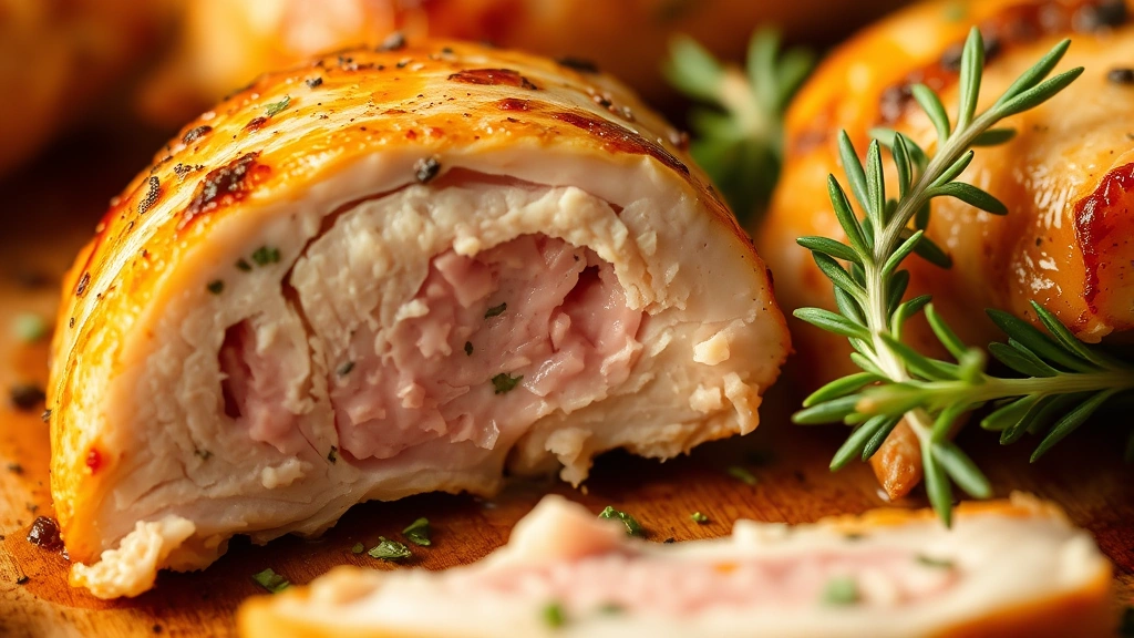 detail: close-up macro shot of cooked golden chicken tenderloin cross-section showing juicy pink interior, fresh herbs scattered nearby, warm soft lighting, no text
