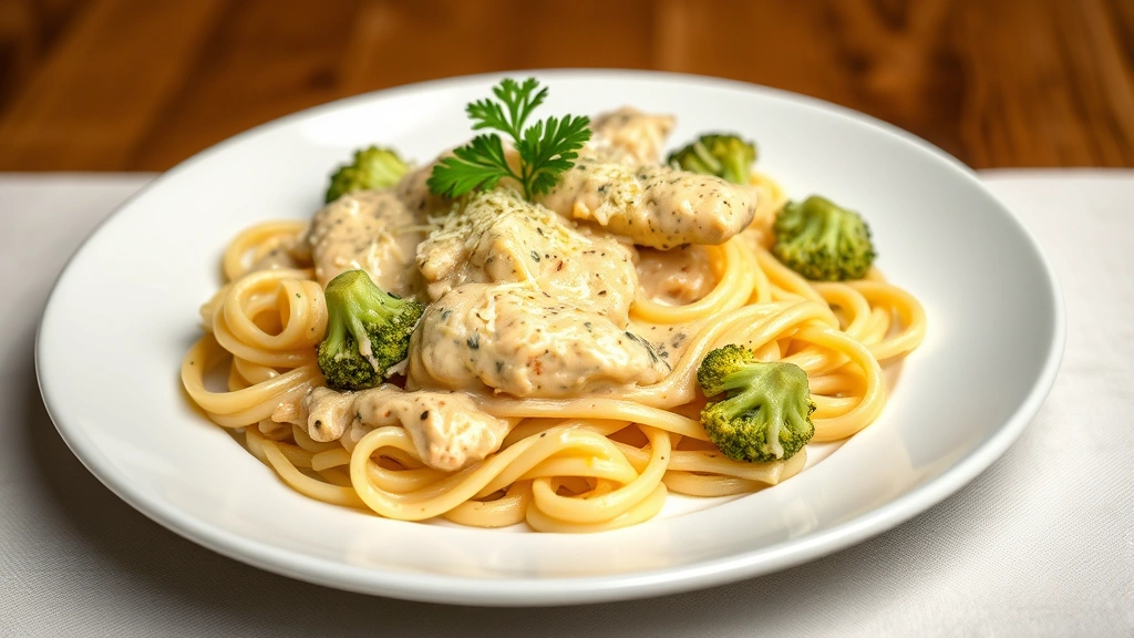 hero: creamy chicken broccoli alfredo pasta on white plate with fresh parmesan and parsley garnish, warm lighting, elegant plating, photorealistic, no text