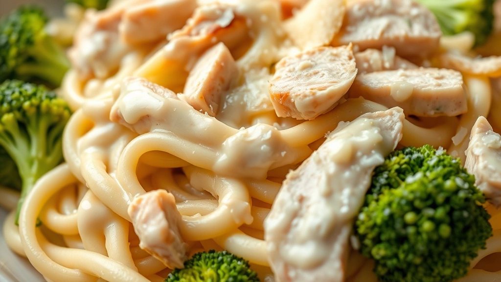 detail: close-up of fettuccine pasta coated in silky alfredo sauce with broccoli florets and sliced chicken, fresh parmesan shavings on top, macro photography, natural light, no text