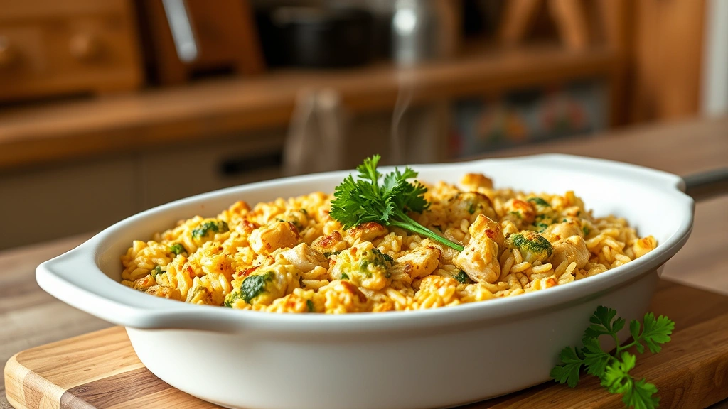 hero: golden-brown chicken broccoli rice casserole in white ceramic baking dish, steam rising, fresh parsley garnish, warm kitchen lighting, wooden table background, photorealistic, natural light, no text