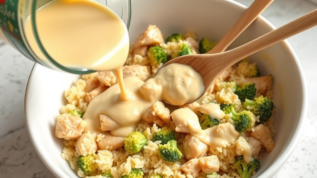 process: pouring creamy sauce over chicken and broccoli rice mixture in large bowl, wooden spoon stirring ingredients, golden cream sauce, bright kitchen counter, photorealistic, natural light, no text