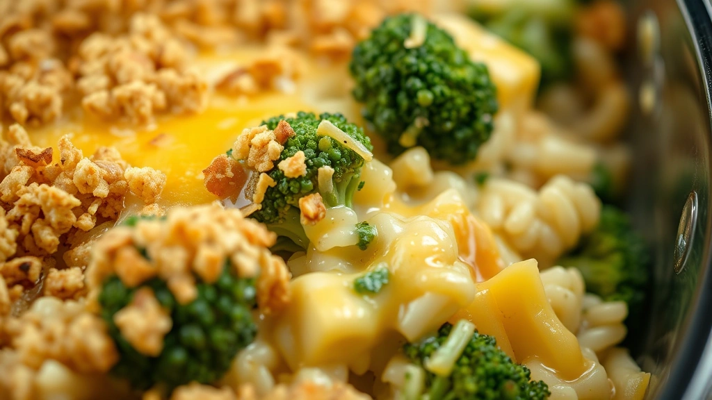detail: close-up of baked casserole showing creamy sauce coating rice and broccoli, crispy breadcrumb topping, melted cheddar cheese visible, shallow depth of field, photorealistic, natural light, no text