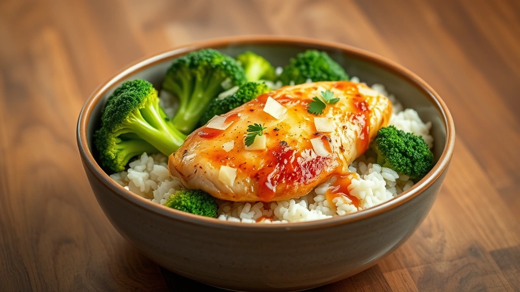 hero: finished chicken broccoli rice bowl, golden chicken breast, vibrant green broccoli, fluffy white rice, glossy sauce, ceramic bowl, wooden table, warm overhead lighting, steam rising, garnished with fresh parsley and Parmesan cheese, no text or watermarks