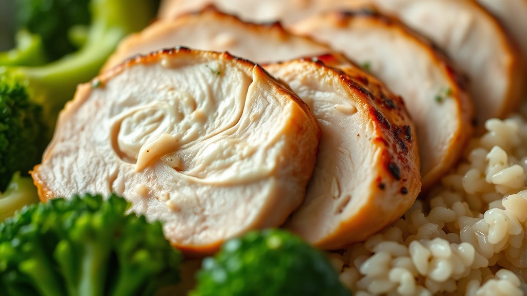 detail: close-up of sliced chicken breast showing juicy tender interior, broccoli florets with moisture, fluffy rice grains, creamy sauce coating, shallow depth of field, macro photography style, no text or watermarks