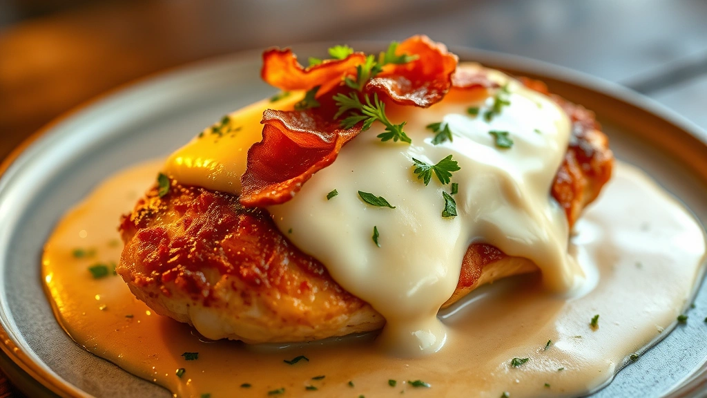 hero: Chicken Bryan plated beautifully with melted mozzarella cheese on top, crispy bacon garnish, creamy sauce, fresh parsley, warm golden lighting, professional plating, no text