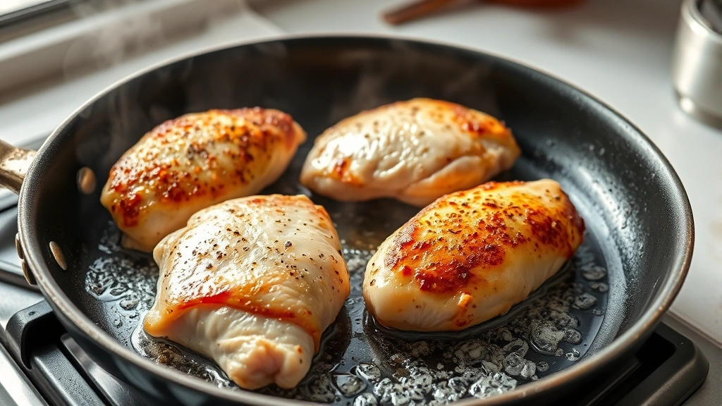 process: Chicken breasts being seared in a hot skillet with golden brown crust forming, steam rising, natural kitchen light, professional food photography style, no text