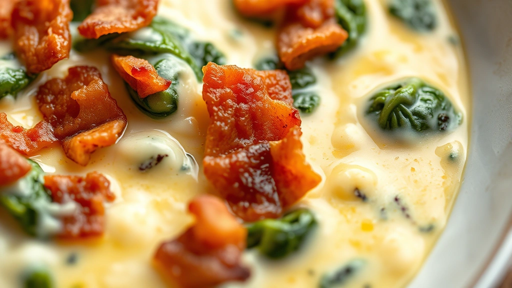 detail: Close-up macro shot of the creamy garlic sauce with melted cheese, spinach, and crispy bacon pieces, shallow depth of field highlighting texture, natural diffused light, no text