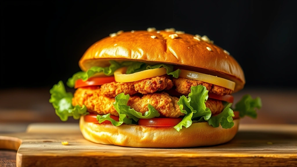 hero: golden-brown chicken burger on toasted bun with fresh lettuce tomato and toppings, photorealistic, natural daylight, appetizing presentation, no text