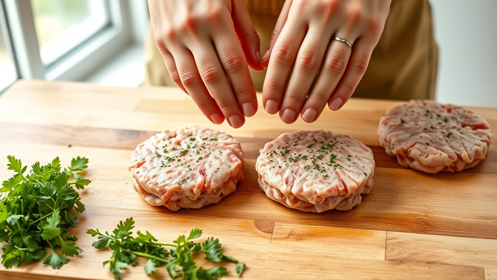 process: hands shaping raw chicken burger patties on wooden surface, fresh herbs visible, photorealistic, natural window light, no text