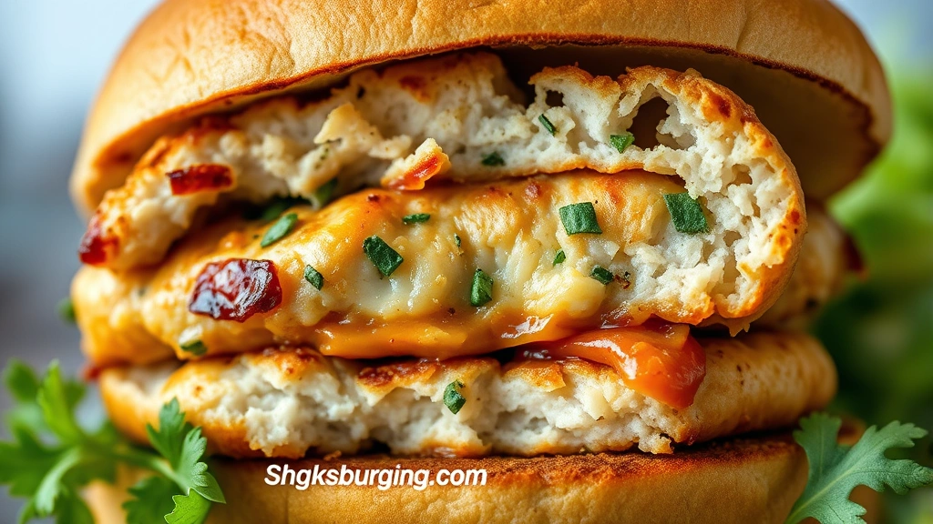 detail: close-up cross-section of cooked chicken burger showing juicy interior and herbs, photorealistic, studio lighting, shallow depth of field, no text