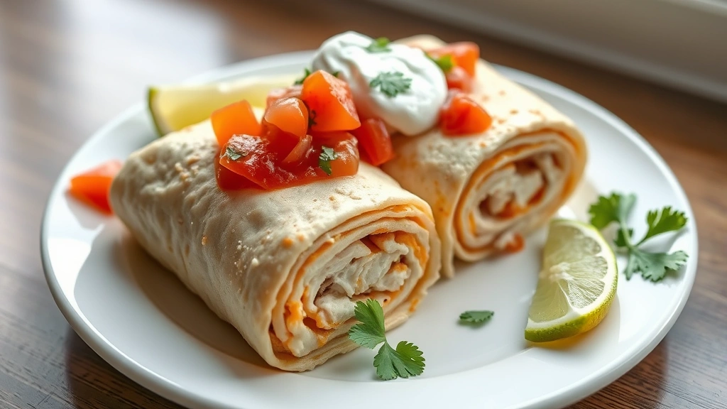 hero: perfectly rolled chicken burrito with melted cheese visible, topped with sour cream and salsa, served on a white plate with lime wedges and cilantro garnish, photorealistic, natural daylight from window, no text