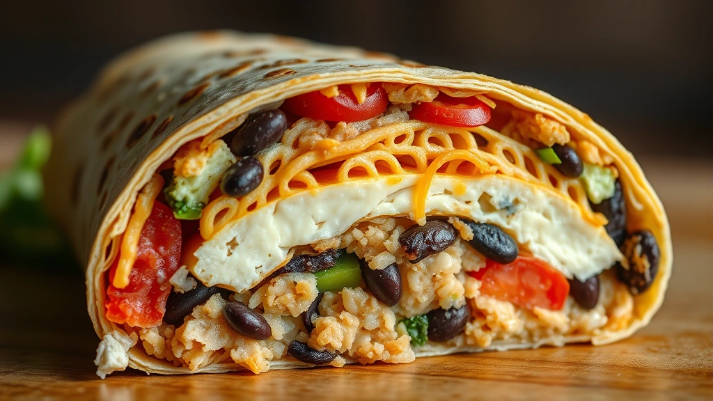 detail: close-up cross-section of a cut burrito showing layers of chicken, rice, beans, cheese, and vegetables, photorealistic, warm natural light, no text