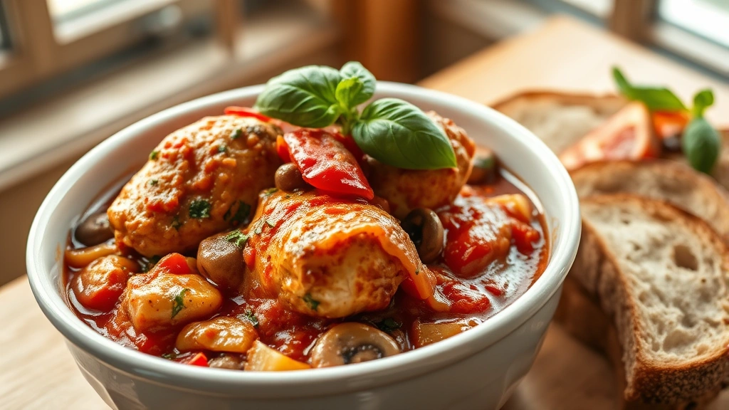 hero: rustic chicken cacciatore in white ceramic bowl, rich tomato sauce with bell peppers mushrooms and onions, garnished with fresh basil, crusty bread beside, warm natural window light, shallow depth of field