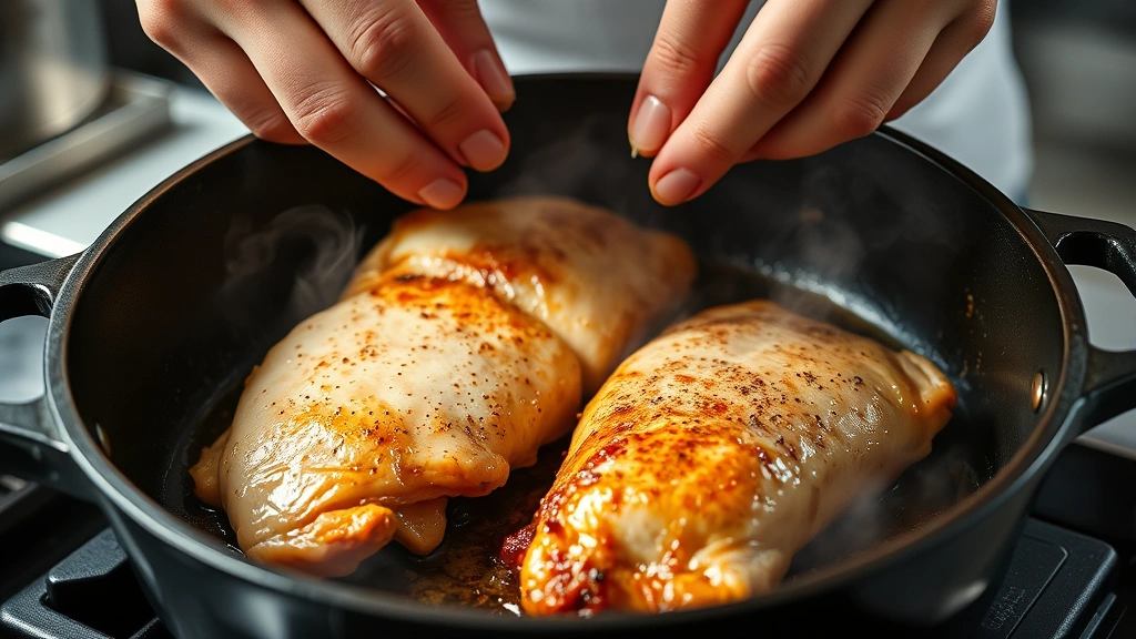 process: hands searing golden-brown chicken skin in cast iron pot, visible browning and crust formation, steam rising, professional kitchen lighting, close perspective