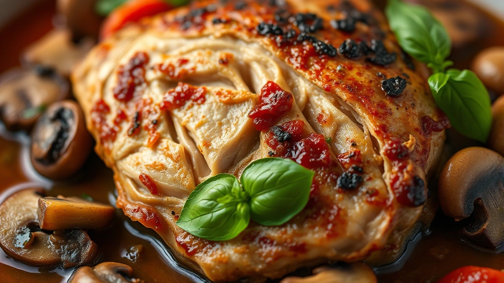 detail: close-up cross-section of braised chicken thigh with fall-apart texture, surrounded by sauce vegetables and mushrooms, fresh basil garnish, shallow depth of field, warm ambient light