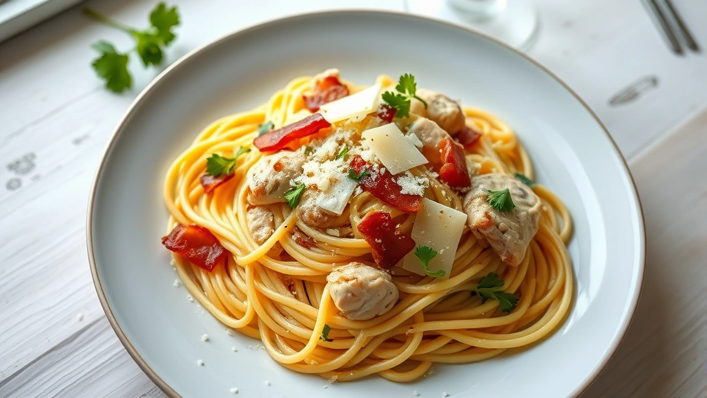 hero: golden creamy spaghetti carbonara with chicken and bacon garnished with fresh parsley and Pecorino Romano cheese, photorealistic, natural soft window light, top-down view of plated dish, no text