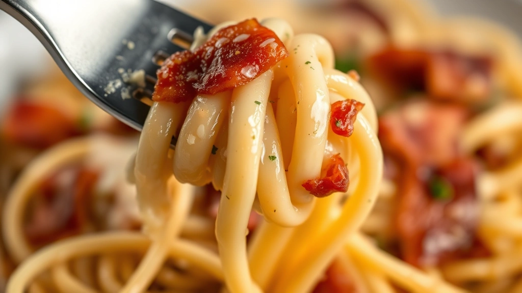 detail: close-up macro shot of forkful of carbonara showing creamy sauce clinging to pasta strands with visible bacon pieces and melted cheese, photorealistic, shallow depth of field, natural light, no text