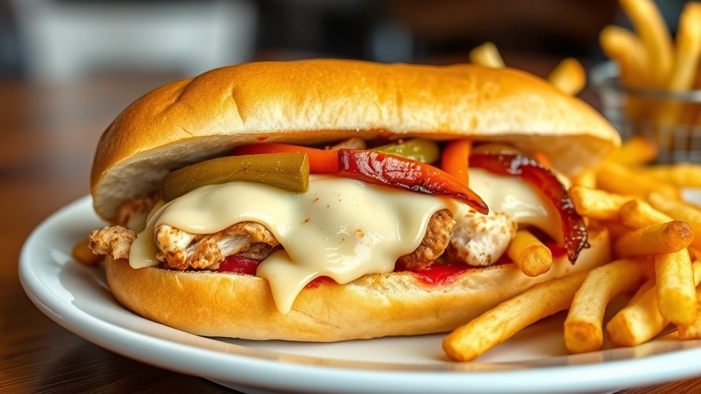 hero: completed chicken cheese steak sandwich on hoagie roll, melted cheese visible, sautéed peppers and onions, served on white plate with fries, photorealistic, natural daylight, no text, restaurant quality