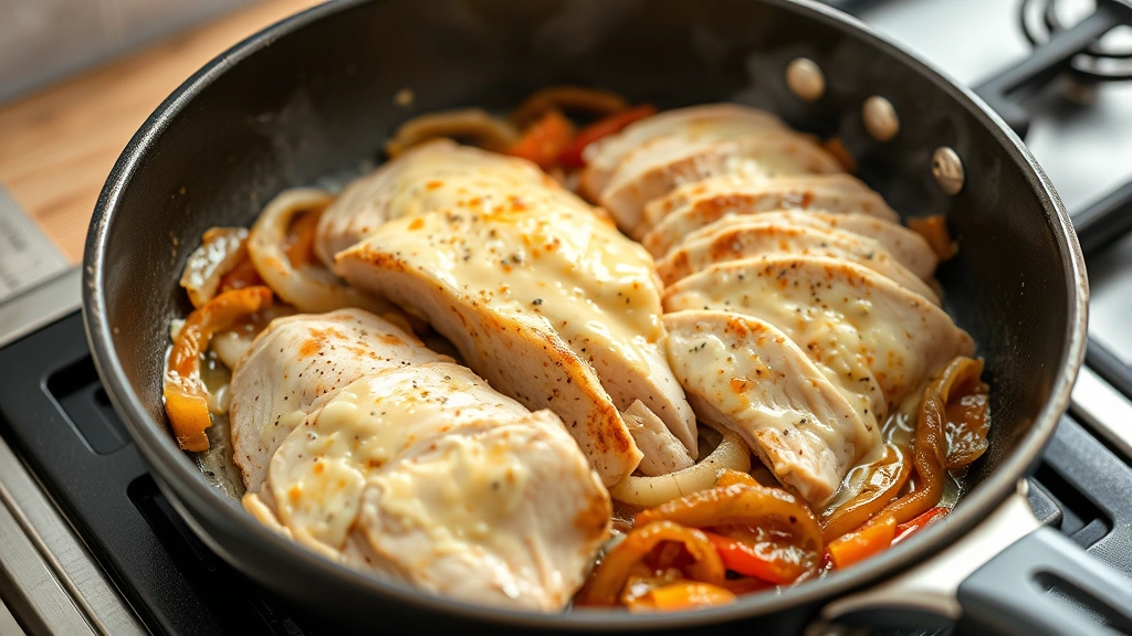 process: cooking thin sliced chicken breast in skillet with melted cheese, caramelized peppers and onions visible, steam rising, photorealistic, natural kitchen lighting, no text, action shot