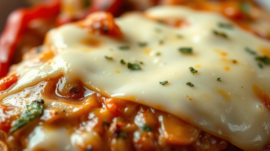 detail: close-up of melted provolone cheese on chicken with peppers and onions, gooey texture visible, photorealistic, natural light, shallow depth of field, no text, food styling