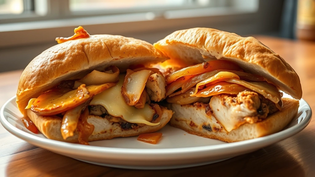 hero: golden-brown chicken cheesesteak sandwich cut in half on a white plate showing melted provolone and American cheese, caramelized peppers and onions, soft hoagie roll, natural window light, shallow depth of field, food photography style