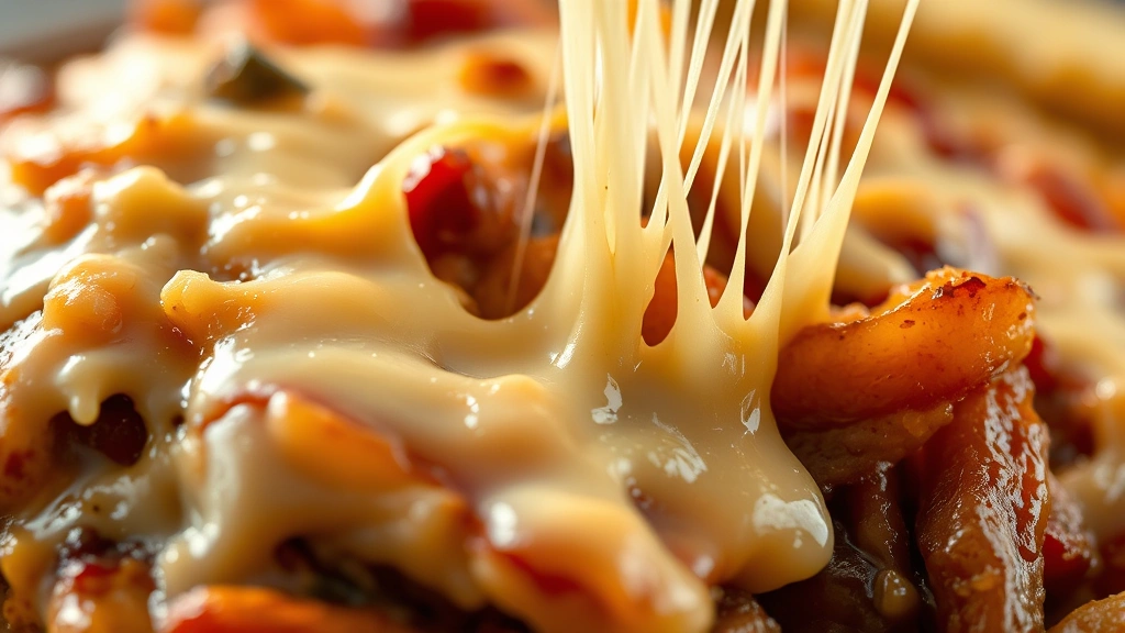 detail: close-up macro shot of melted cheese stretching on chicken cheesesteak showing texture of provolone and American cheese, caramelized onions and peppers, warm golden lighting, food photography