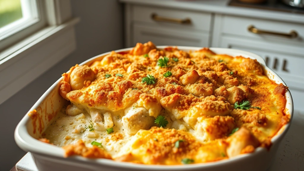hero: golden-brown chicken cordon bleu casserole in ceramic dish, bubbly edges, breadcrumb topping, steam rising, rustic white kitchen table, natural window light, garnished with fresh parsley
