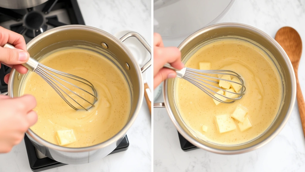 process: hands stirring creamy sauce with whisk in stainless steel saucepan, melted Swiss cheese visible, wooden spoon nearby, bright kitchen counter lighting