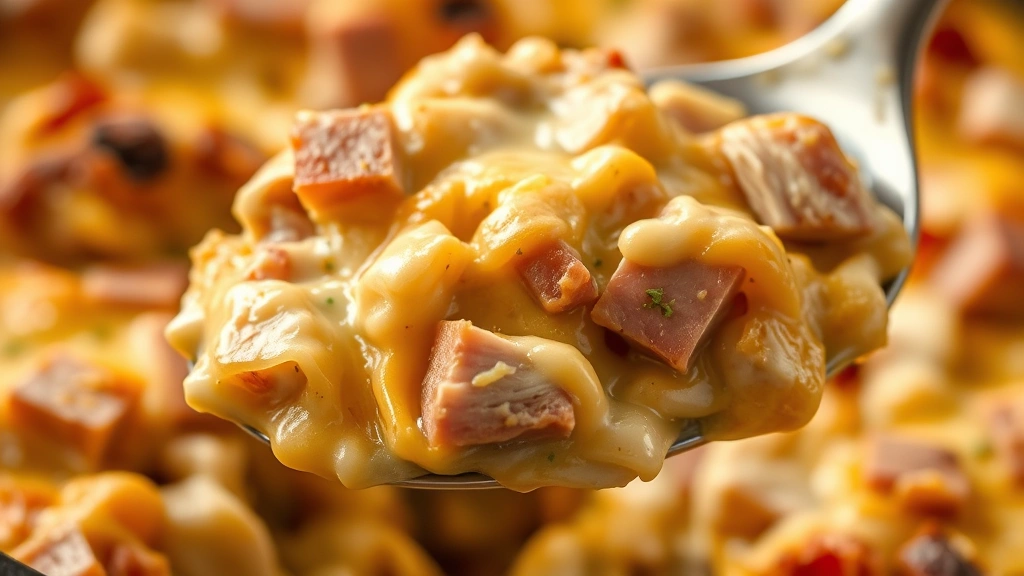 detail: close-up spoonful of casserole showing layers of tender chicken, ham pieces, melted cheese, and creamy sauce, shallow depth of field, warm golden lighting