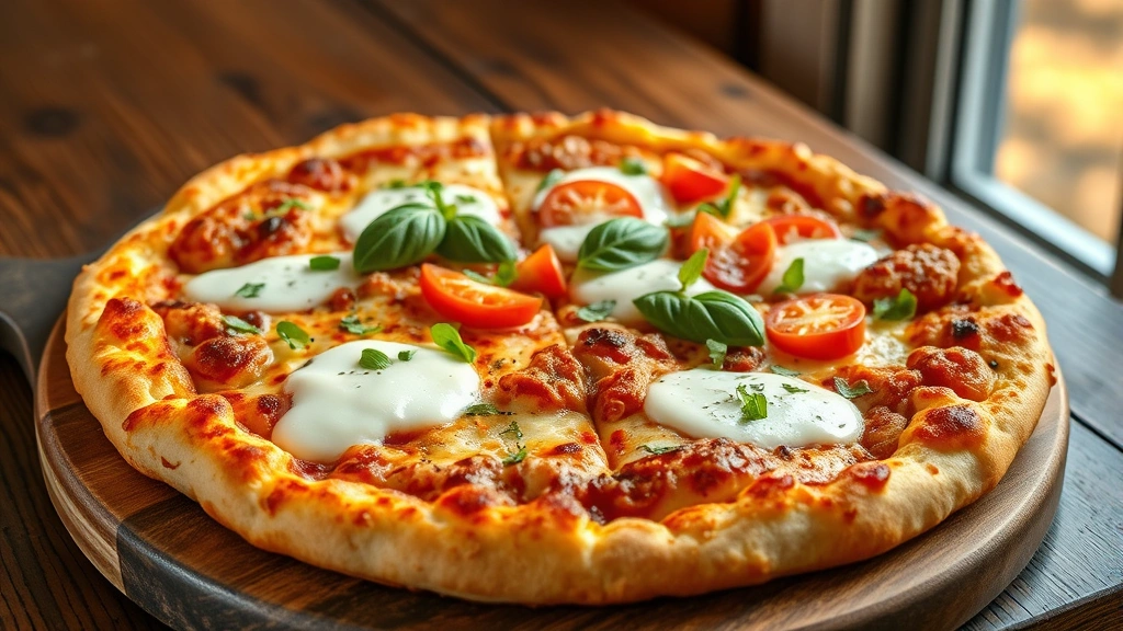 hero: golden crispy chicken crust pizza topped with melted mozzarella, fresh basil, and colorful vegetables on a rustic wooden table, photorealistic, warm natural window light, no text