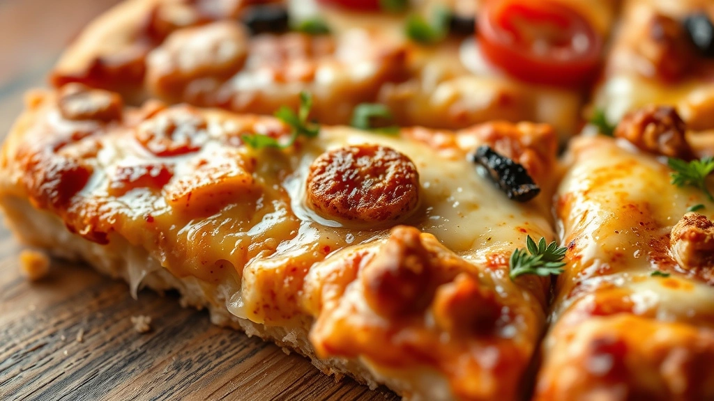 detail: close-up of finished chicken crust pizza slice showing crispy texture, melted cheese, and toppings, photorealistic, warm golden hour lighting, no text