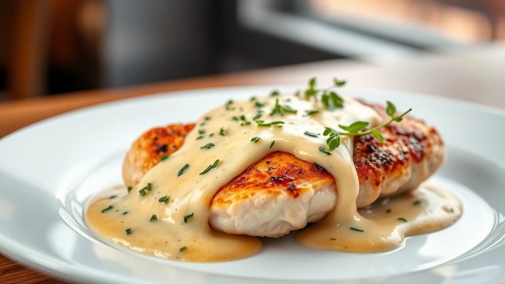 hero: golden seared chicken breast covered in creamy Dijon mustard sauce with fresh tarragon garnish, plated on white dish with soft bokeh background, photorealistic, natural window light, no text, restaurant quality