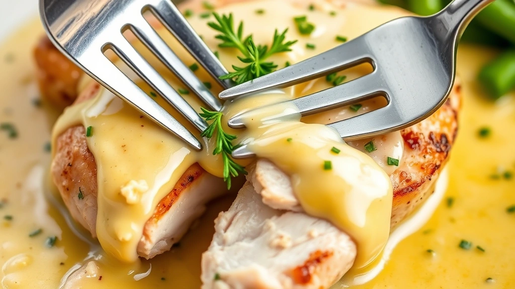 detail: close-up of creamy Dijon sauce coating chicken with whole grain mustard visible, fresh tarragon garnish, fork cutting into tender chicken, photorealistic, natural light, no text