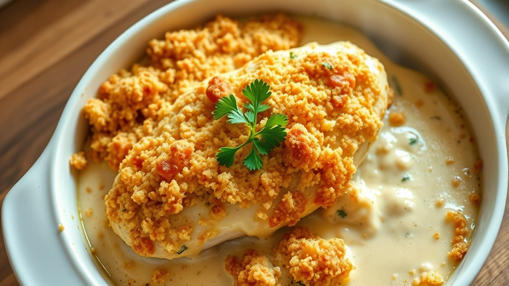 hero: baked chicken divan casserole in white ceramic dish, golden breadcrumb topping, creamy sauce visible, fresh parsley garnish, steam rising, warm kitchen lighting, shot from above at 45 degree angle, photorealistic, natural light, no text