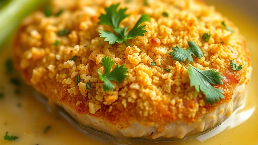 detail: close-up of golden breadcrumb topping on chicken divan with melted butter and parsley, shallow depth of field showing creamy sauce below, photorealistic, natural light, no text