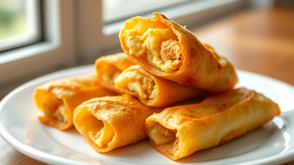 hero: golden crispy chicken egg rolls on white plate, photorealistic, natural window light, shallow depth of field, no text