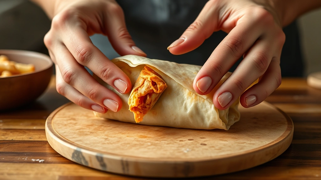 process: hands wrapping egg roll with filling visible, photorealistic, natural light, close cooking action, no text