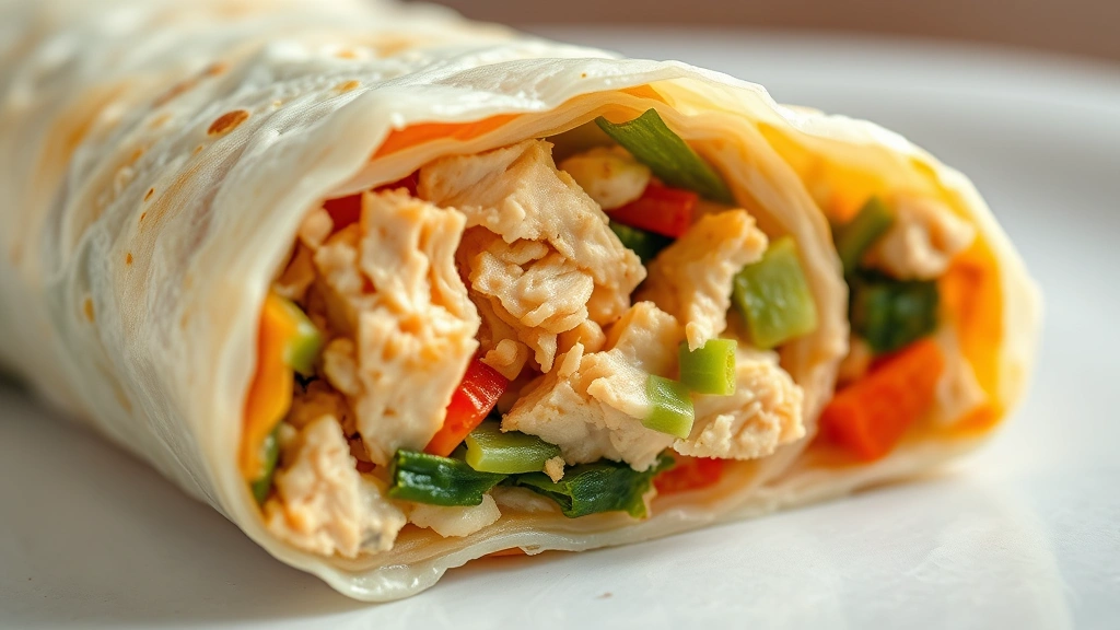 detail: cross-section of cooked egg roll showing chicken and vegetable filling, photorealistic, natural light, artistic composition, no text
