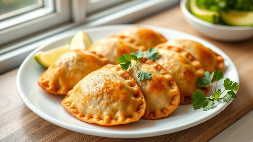 hero: golden-brown chicken empanadas arranged on a white plate with fresh lime wedges and cilantro garnish, photorealistic, natural window light, no text