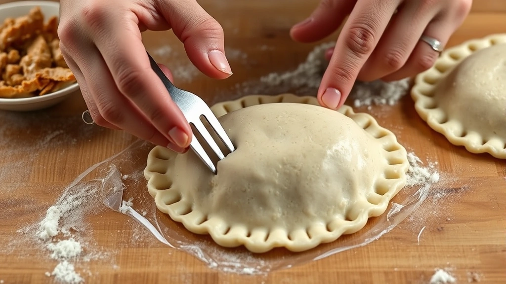 process: hands crimping empanada edges with fork on wooden surface with filling visible in background, photorealistic, natural light, no text